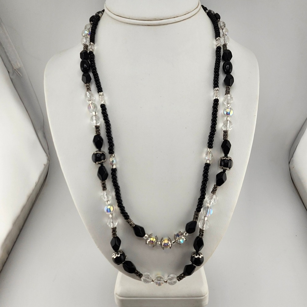 Vintage Black Crystal Beaded Double Strand Necklace Costume‎ Jewelry